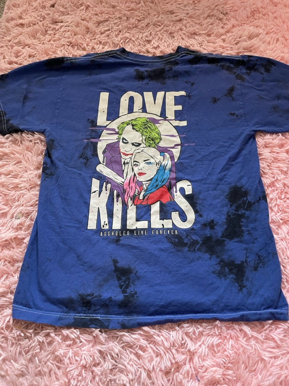 Assholes Live Forever Love Kills Graphic Tee Blue Tie Dye Joker Harley Quinn L